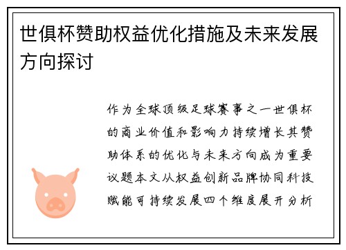 世俱杯赞助权益优化措施及未来发展方向探讨