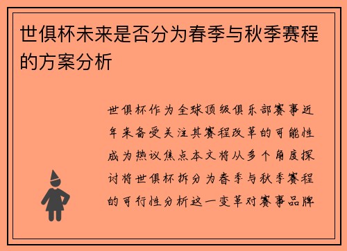 世俱杯未来是否分为春季与秋季赛程的方案分析